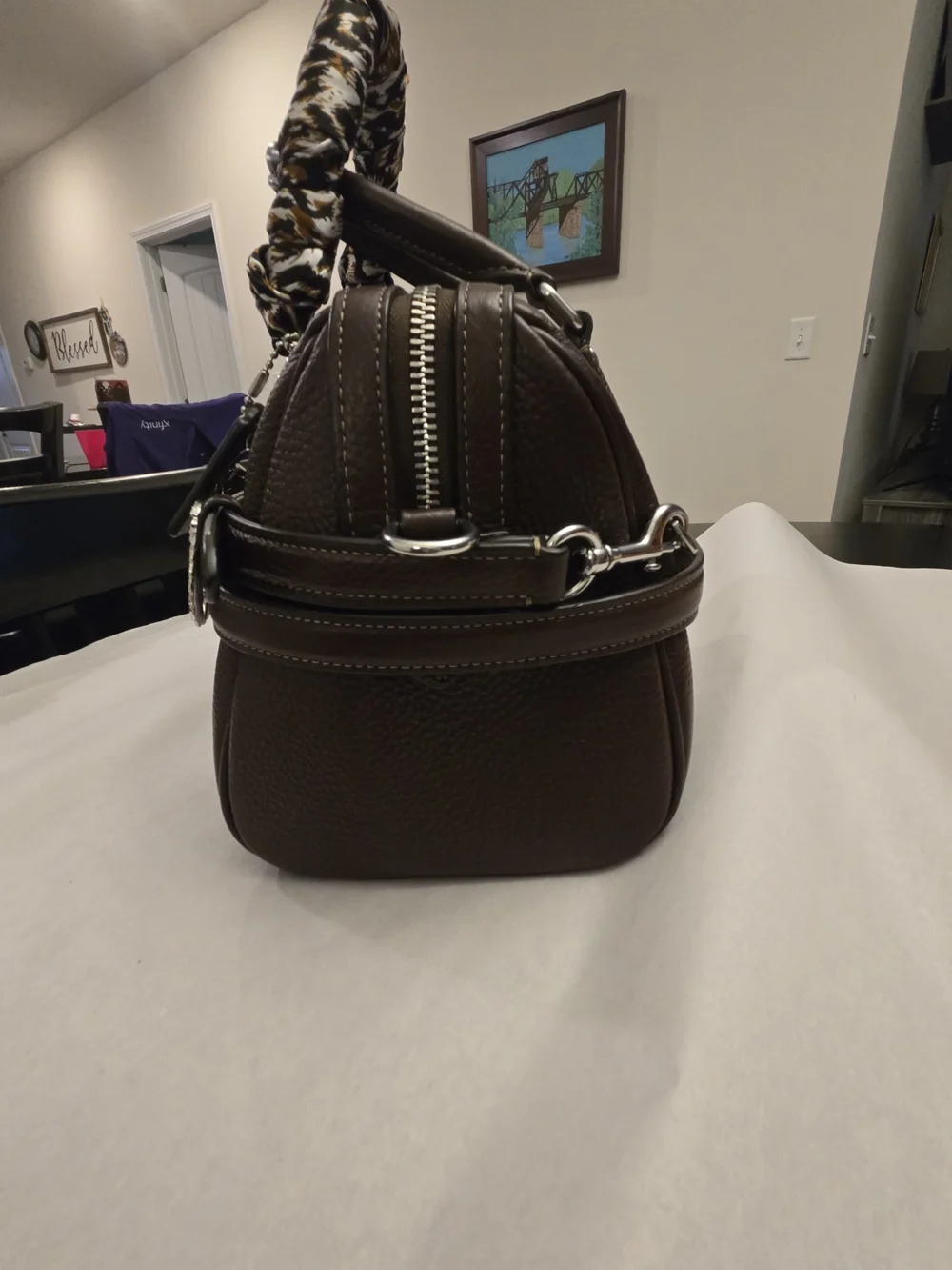 Coach Dark Brown Pebbled Leather Satchel with Scarf Accent